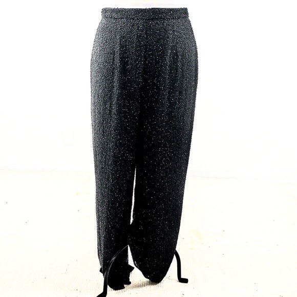 Vintage 80s Beaded Pants 14 Silk Formal Wide Leg Slacks Black - Picture 1 of 12
